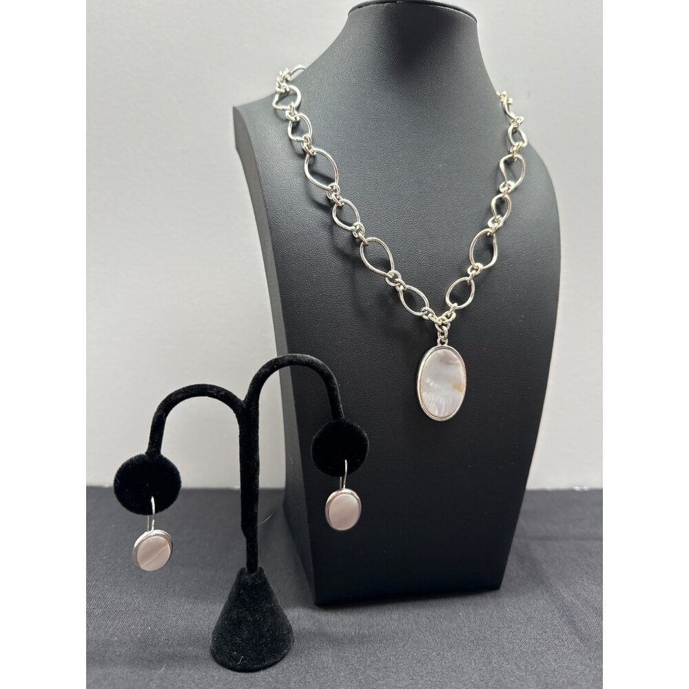 Avon Silver-Tone & Mother Of Pearl Necklace & Earrings Set